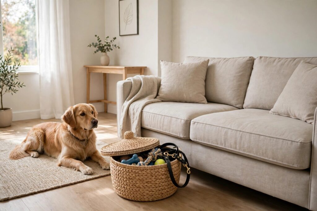 Lidded woven basket holding dog toys and a leash beside a sofa with a dog lying on a rug