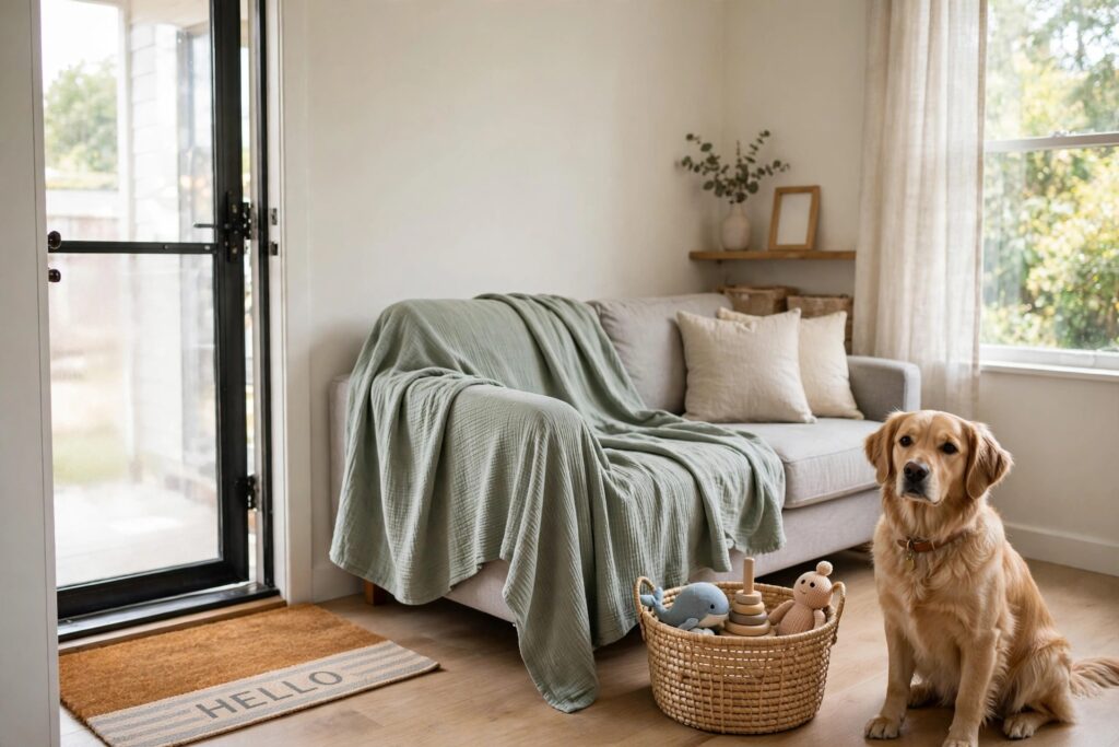 Green washable throw over one corner of a grey sofa with a golden dog sitting beside it