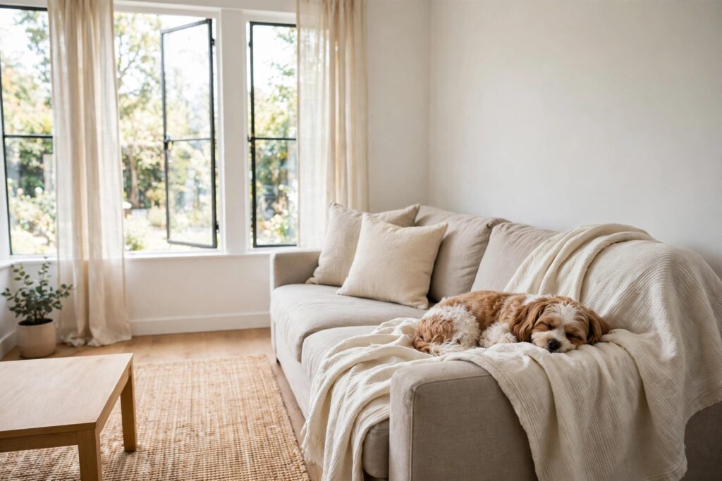 Small dog sleeping on a cream throw on a sofa corner in a tidy small living room