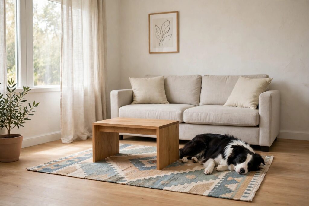 Black and white dog lying on a blue and beige patterned rug beside a wood table