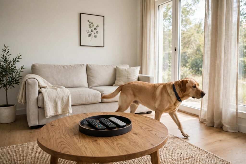 Round wood coffee table with a tray of remotes and a dog walking past it