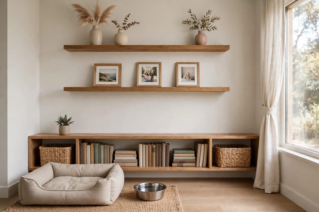 High wood shelves with vases and framed photos above low books and baskets, with a dog bed and water bowl below