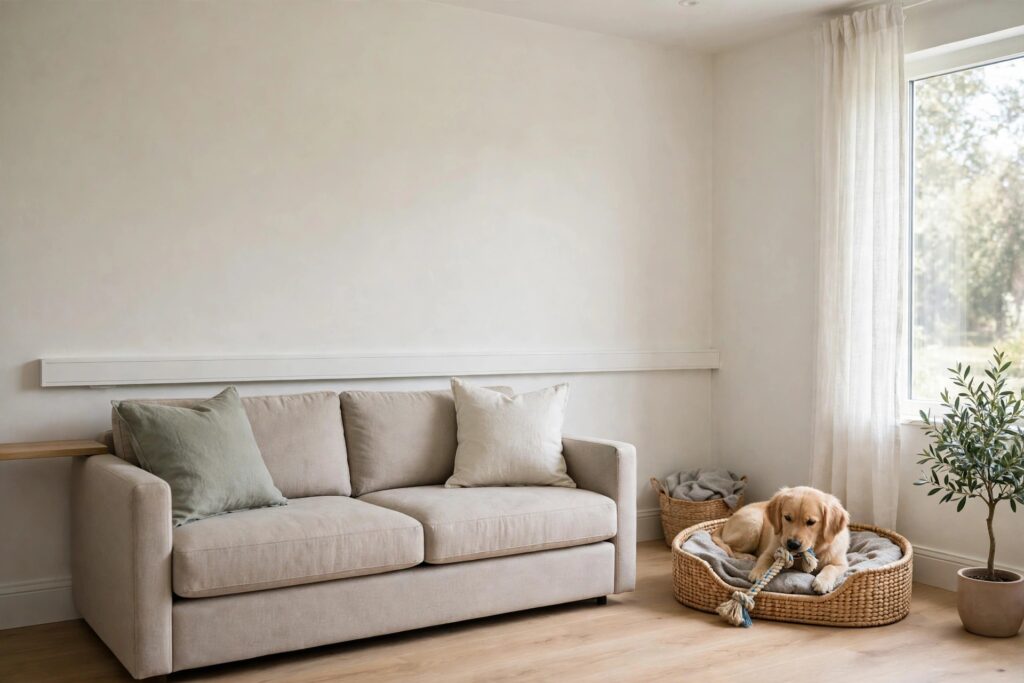 Golden dog in a woven basket bed chewing a rope toy beside a sofa with a wall cord cover behind it