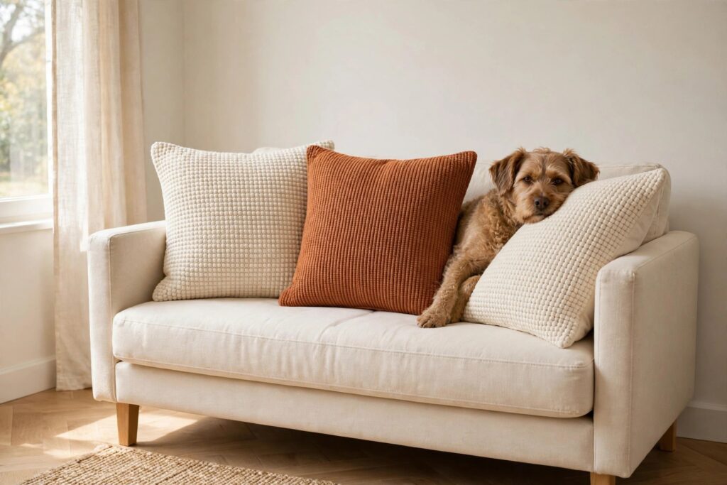 Small brown dog leaning against cream and rust tight weave pillows on a pale sofa