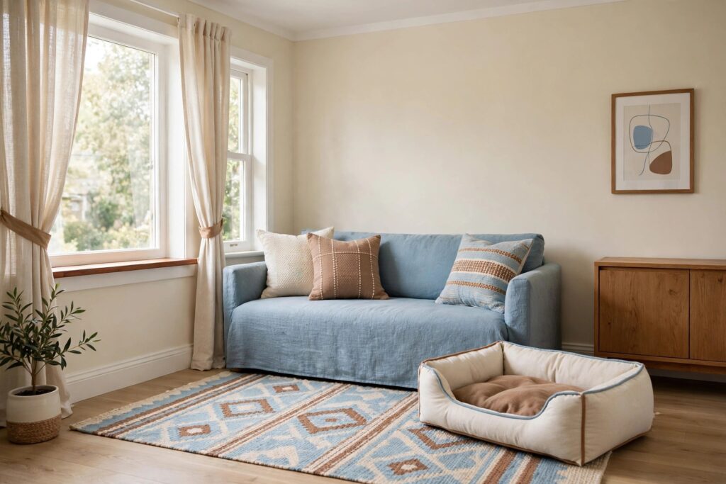 Blue sofa with brown and cream pillows, a blue patterned rug and a cream dog bed in a small living room