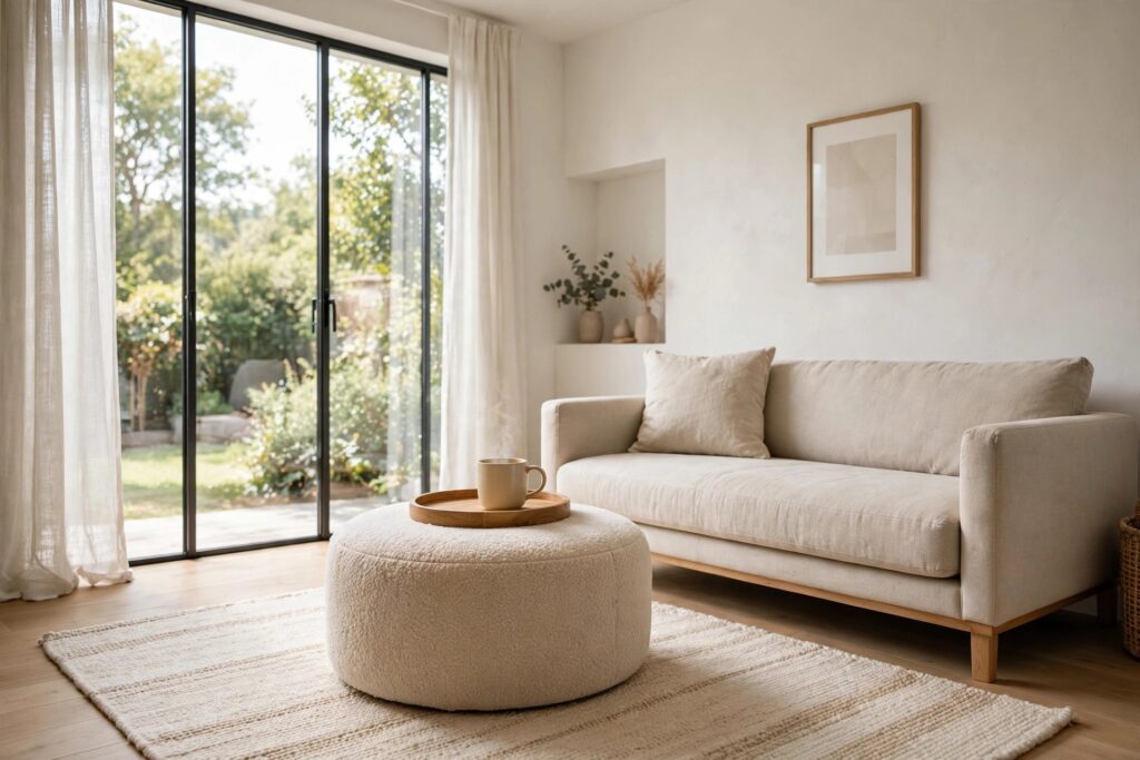 Round padded ottoman with a wooden tray and a mug beside a light sofa in a bright small living room