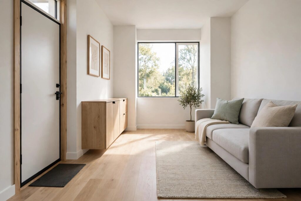 Small living room seen from the door with a clear open floor path to the window and furniture along the walls