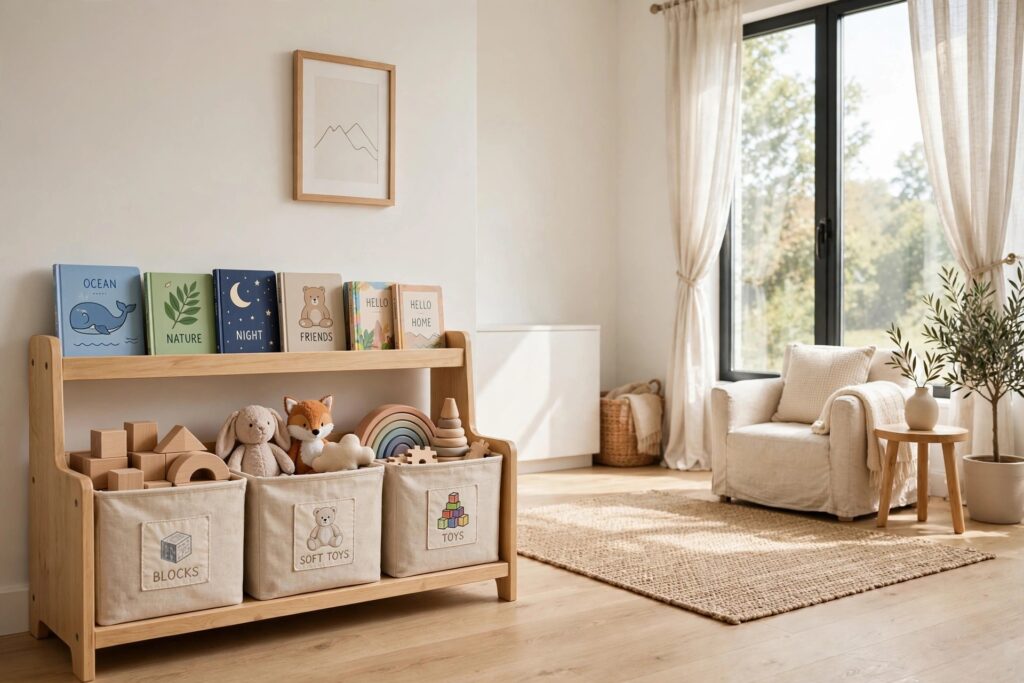 Low wooden toy shelf with labeled fabric bins holding blocks and soft toys and board books on the top rail