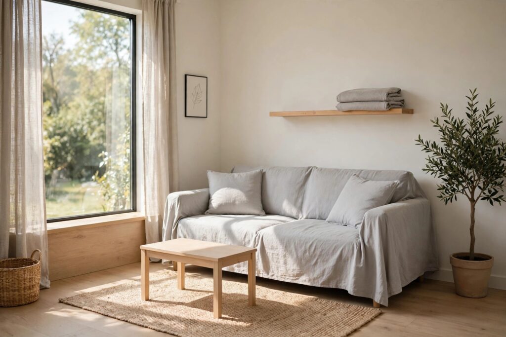 Light gray slipcovered sofa with matching cushions and folded spare covers on a wall shelf above it