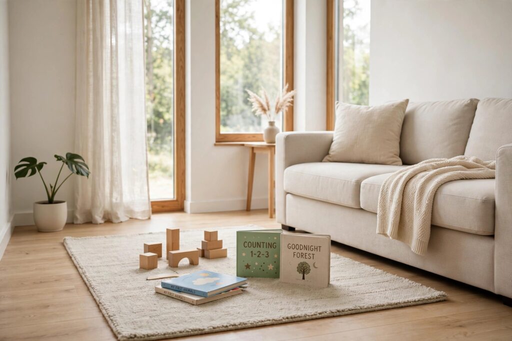 Soft rug corner beside a sofa with wooden blocks and board books laid out for play