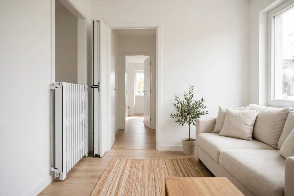 White folding gate folded flat against a doorway wall beside a sofa and a woven rug