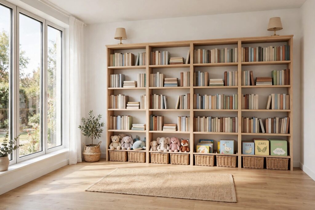Tall wooden bookcase against a wall with adult books up high and soft toys and board books in baskets at floor level
