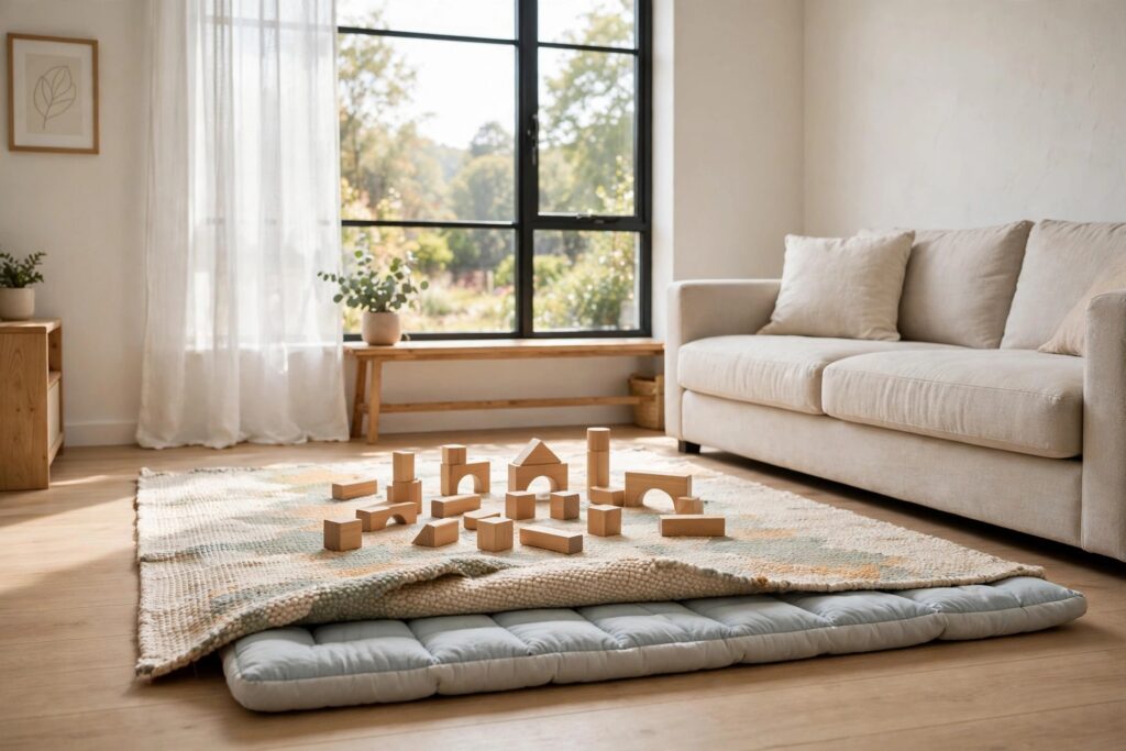 Play rug with wooden blocks on it and a padded mat showing beneath the lifted rug corner