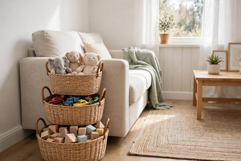 Three stacked woven baskets by a sofa arm holding soft toys, toy cars and wooden blocks