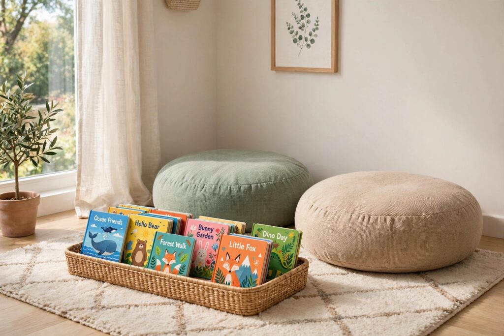 Corner reading nook with two floor cushions and a low basket of colorful board books with covers facing out
