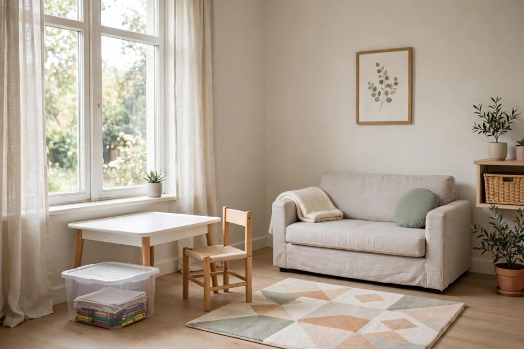 Low white art table with a small wooden chair and a lidded tub of paper and crayons beside it near a window