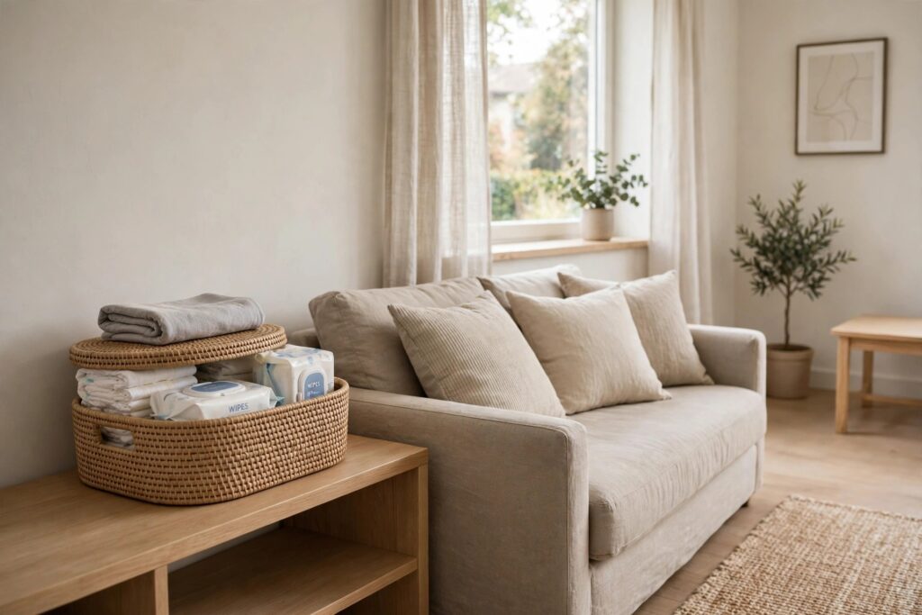 Woven basket with its lid lifted beside a sofa holding folded diapers, wipes and a folded changing pad