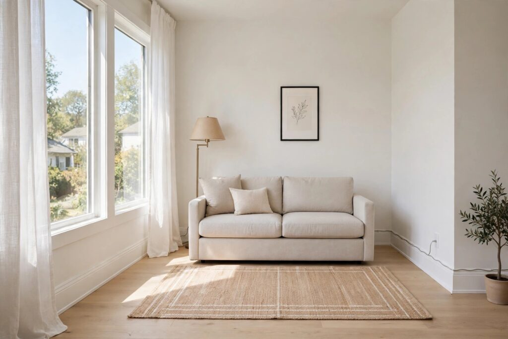 Small living room with a floor lamp at the end of a sofa and its cord routed along the wall baseboard, with a clear rug in front