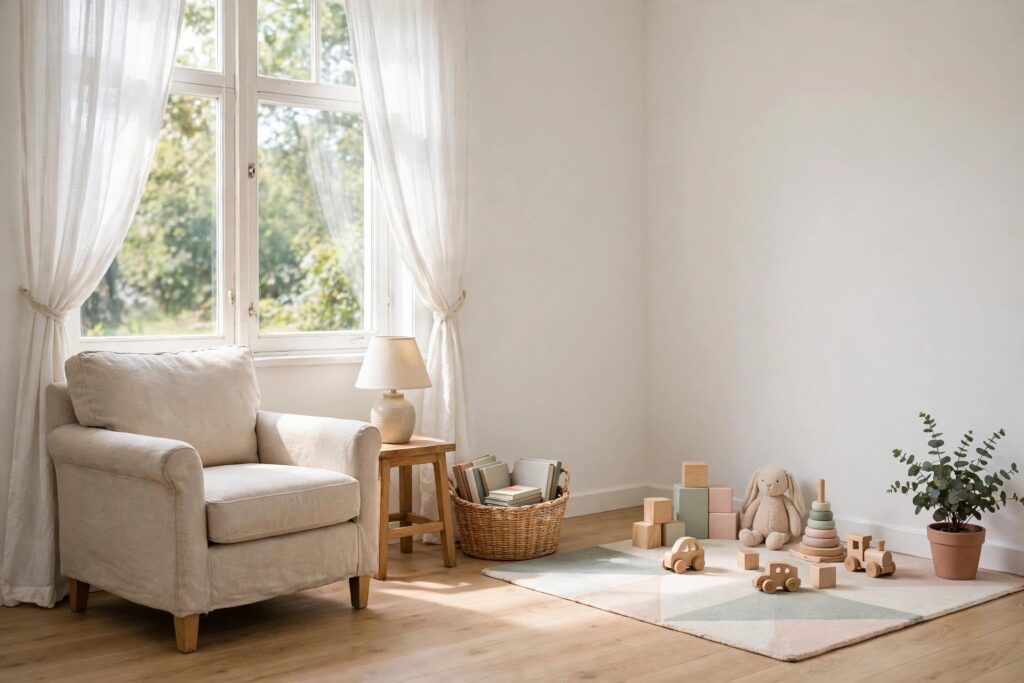 Adult armchair with a small lamp and a basket of books by a window, with a separate play rug holding blocks and a stuffed bunny