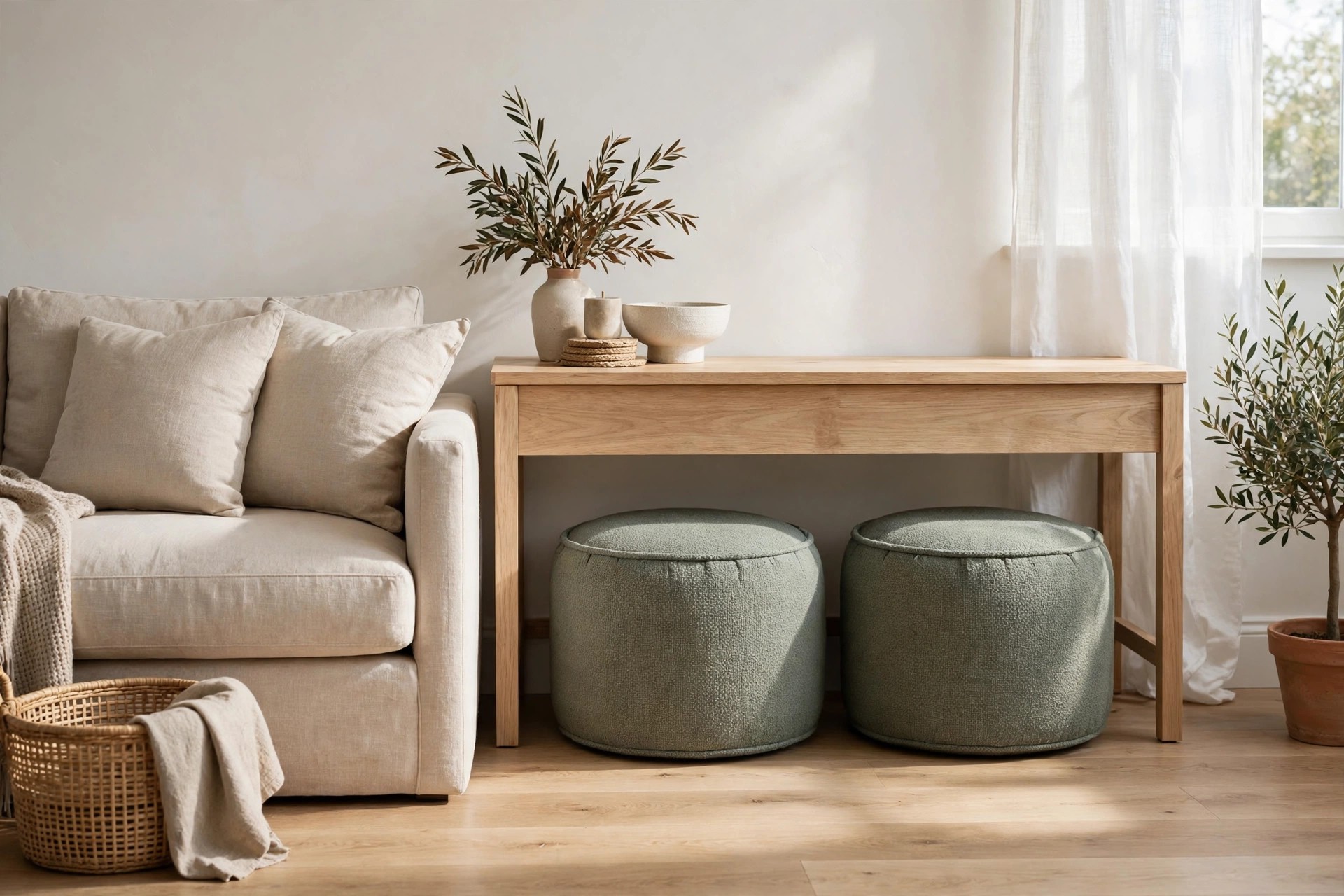 Two round green poufs slid under a light wood console table beside a cream sofa