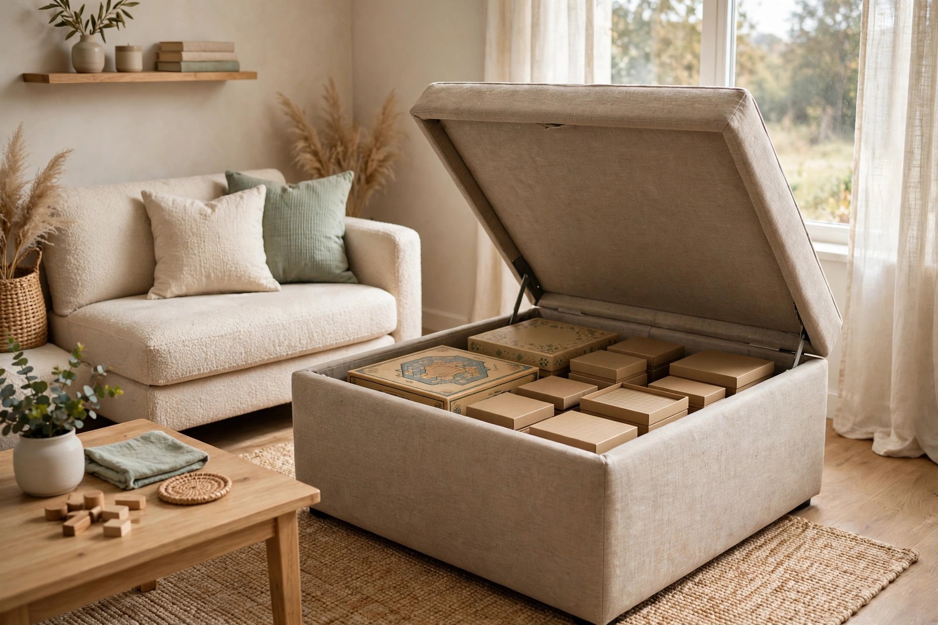 Large fabric storage ottoman with its lid open showing board game boxes neatly stored inside