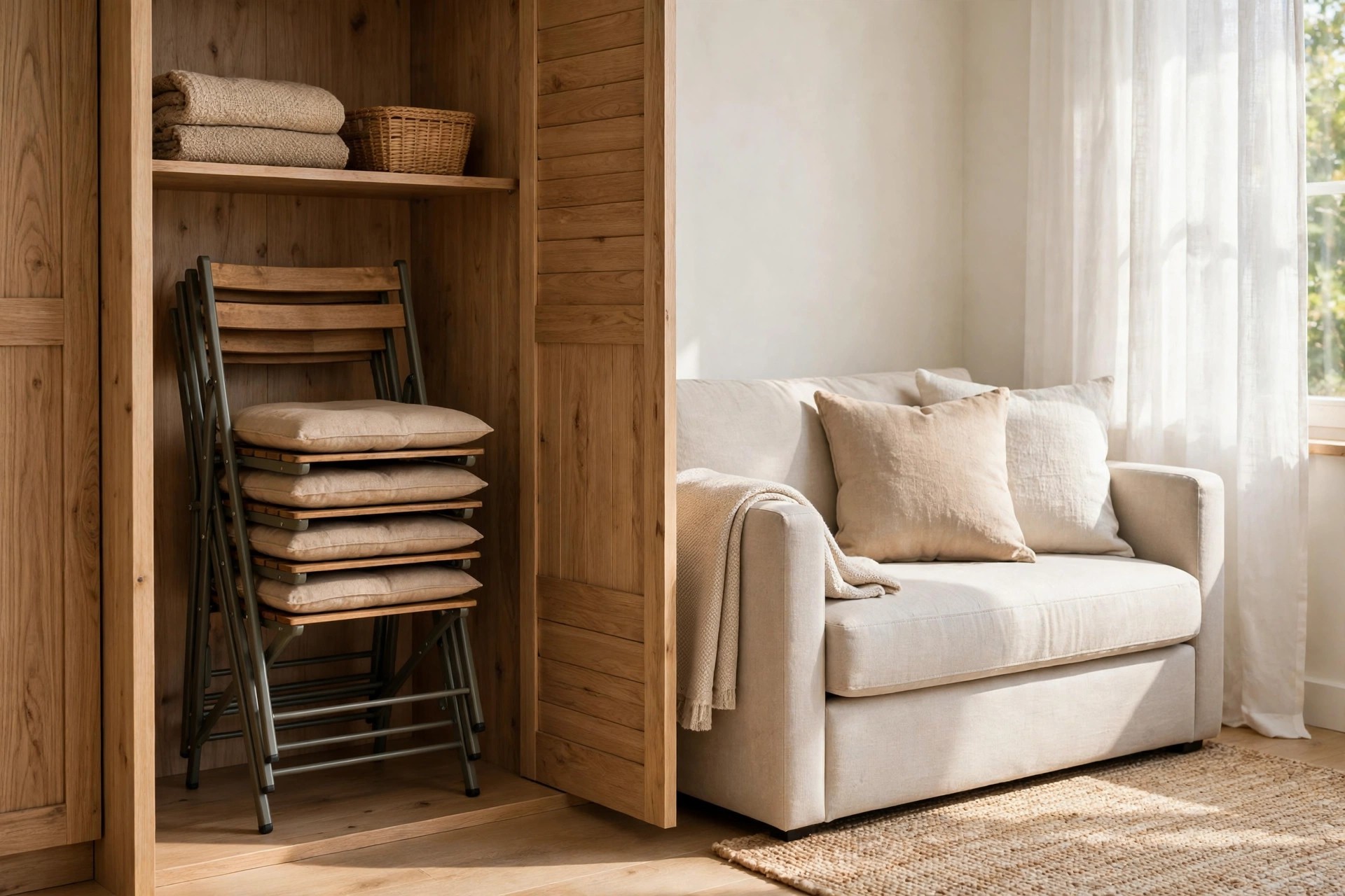 Four folding chairs with seat cushions stacked in a wood closet beside a small sofa
