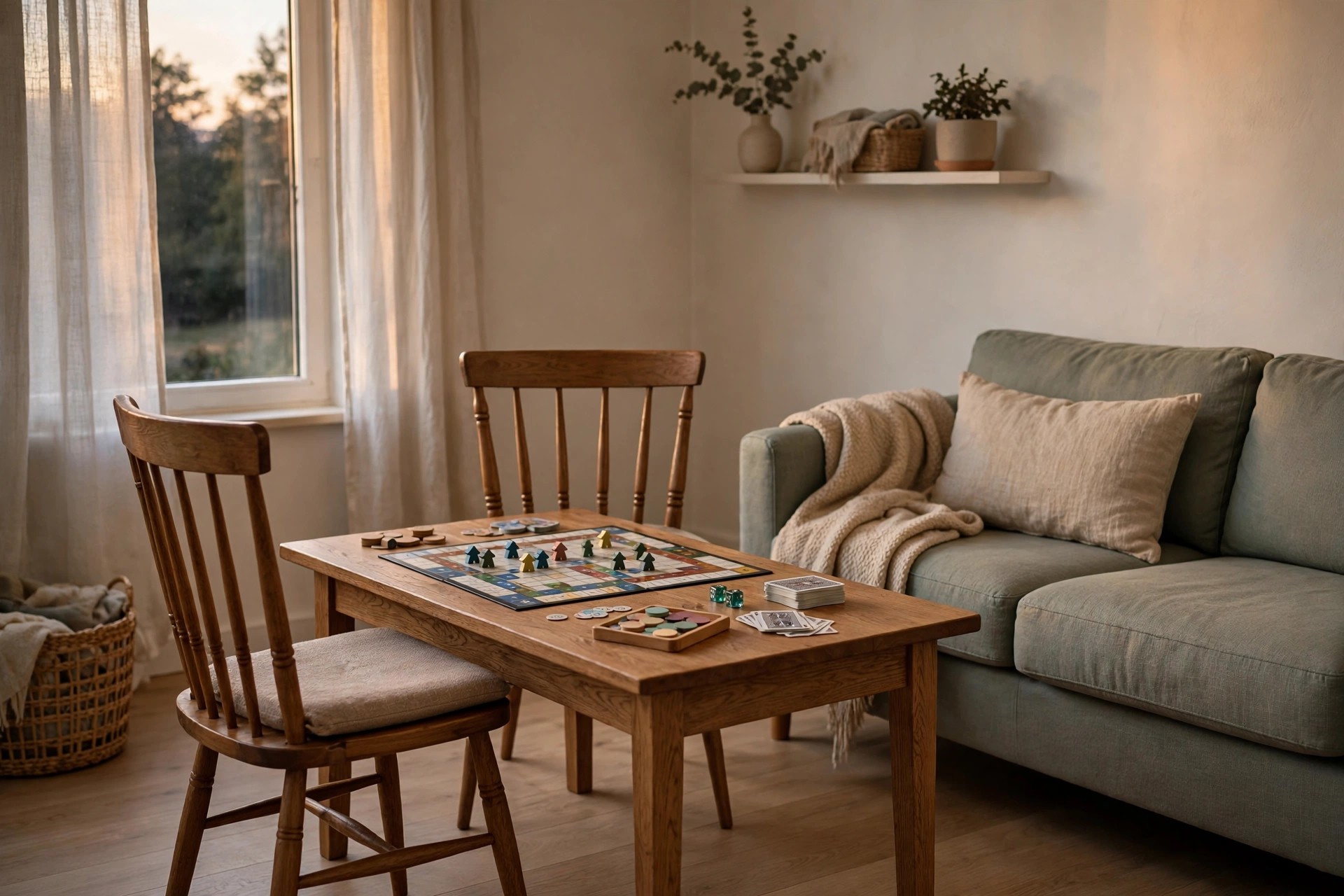 Two wooden dining chairs pulled up to a wood table holding a board game, cards and dice beside a green sofa