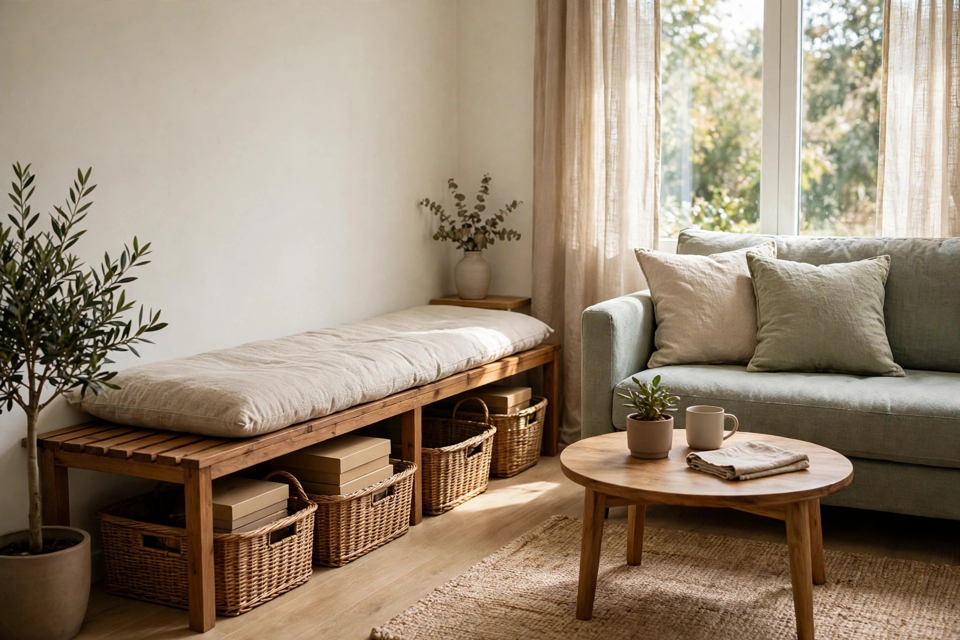 Low wood bench with a long cushion along a wall, baskets of games stored underneath, beside a sofa