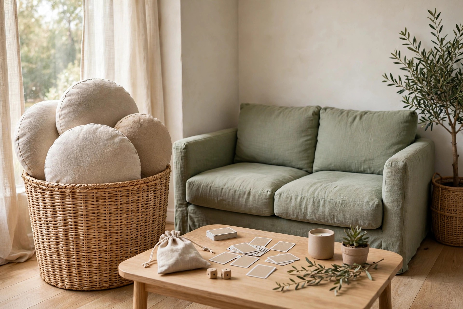 Tall woven basket filled with round floor cushions beside a green sofa and a coffee table with cards