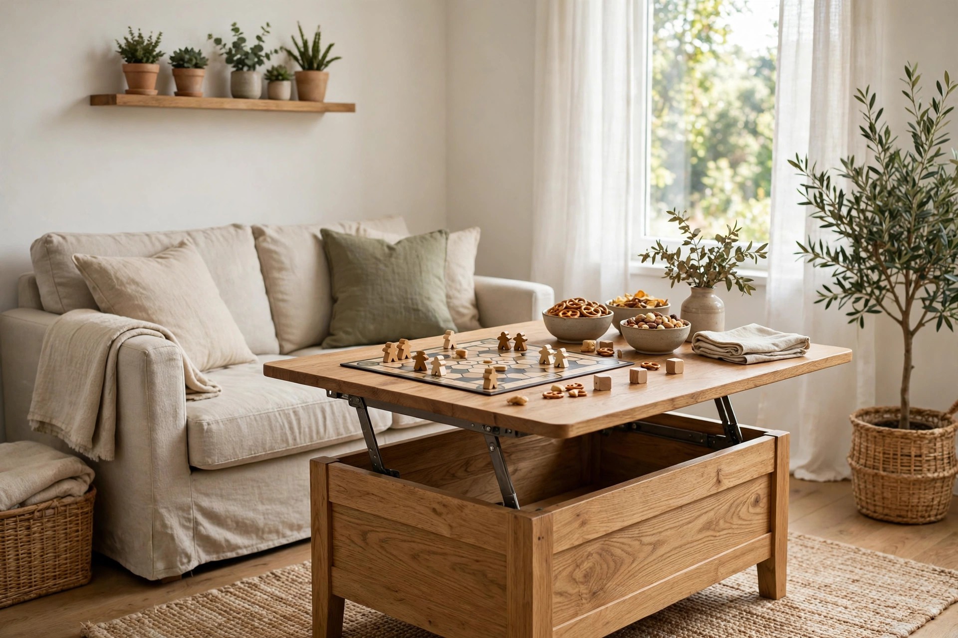 Wooden lift top coffee table raised to game height holding a board game and snack bowls in front of a sofa