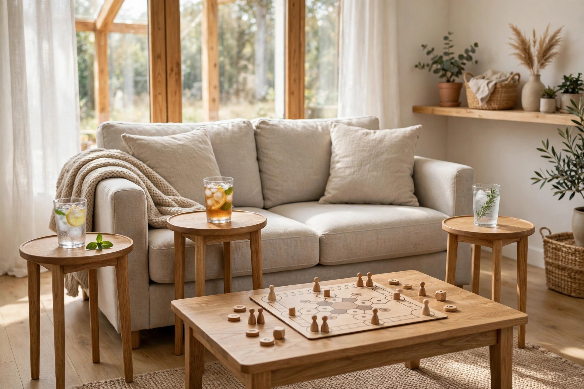 Three small round nesting tables beside a sofa, each holding a drink glass, with a board game on the coffee table