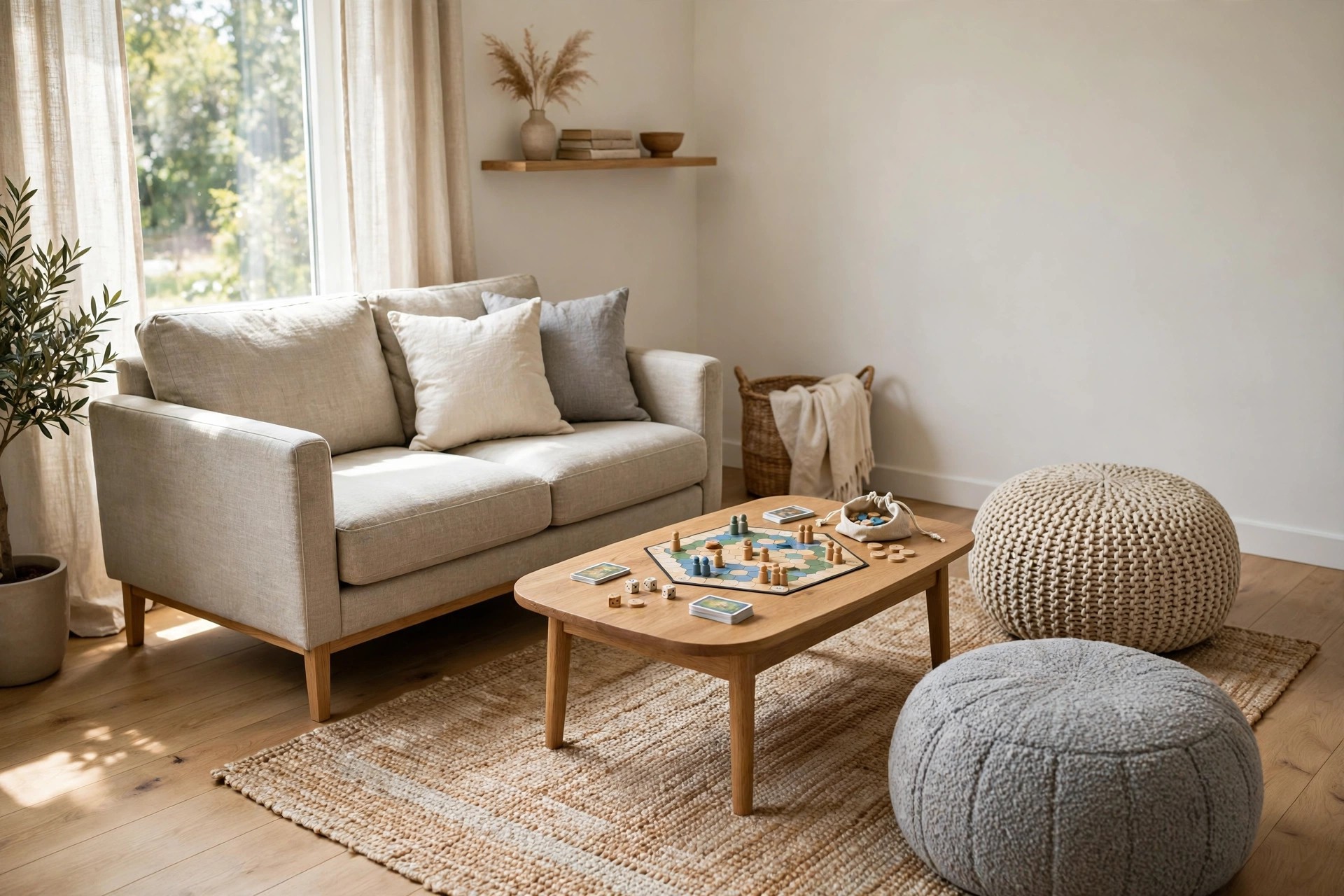 Sofa angled toward a coffee table with a board game, two poufs completing a loose circle of seats