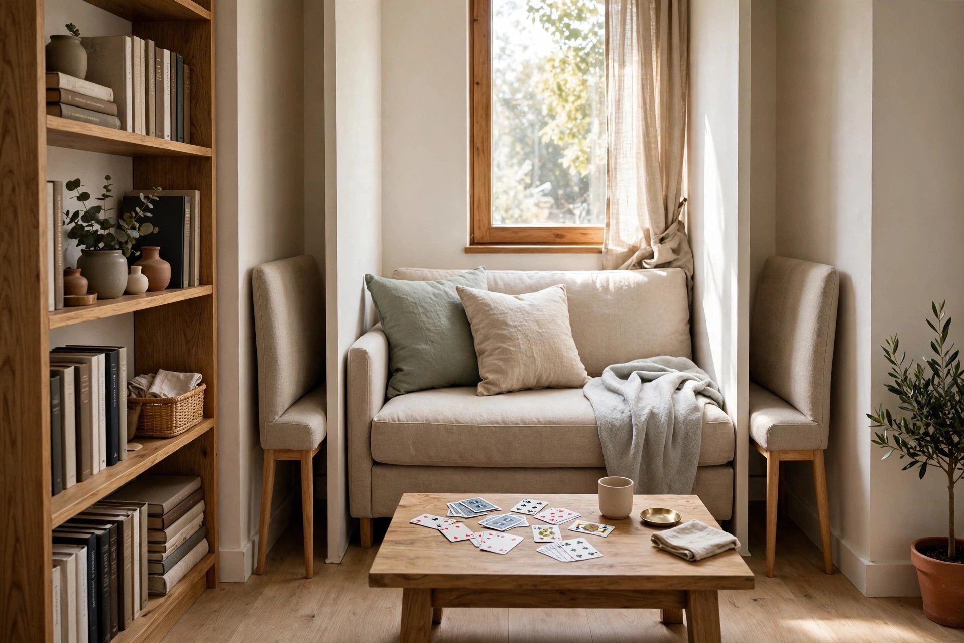Two slim armless chairs tucked into narrow gaps beside a bookcase and a small sofa, cards on the coffee table