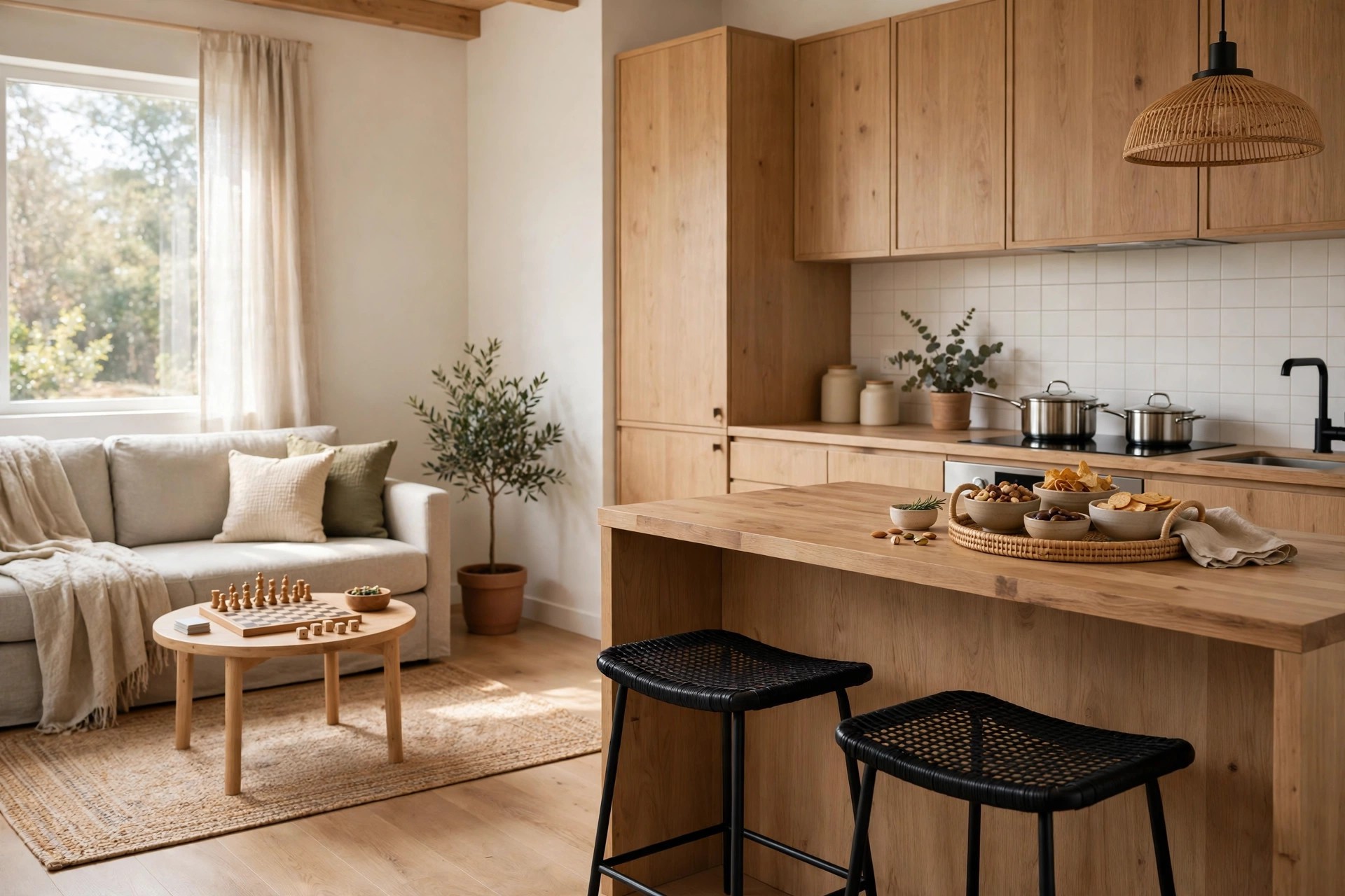 Two black backless counter stools at a wood kitchen counter holding a tray of snack bowls, sofa and game table nearby