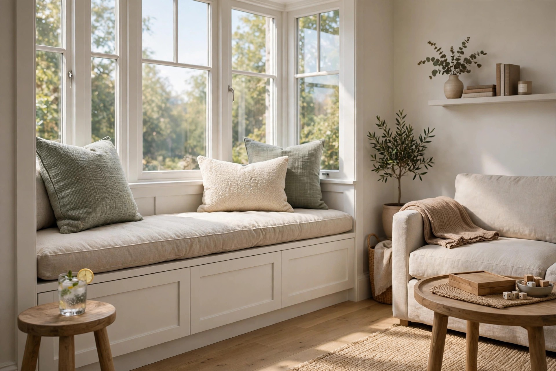 Built in window seat with a thick cushion and back pillows, a small stool beside it holding a drink