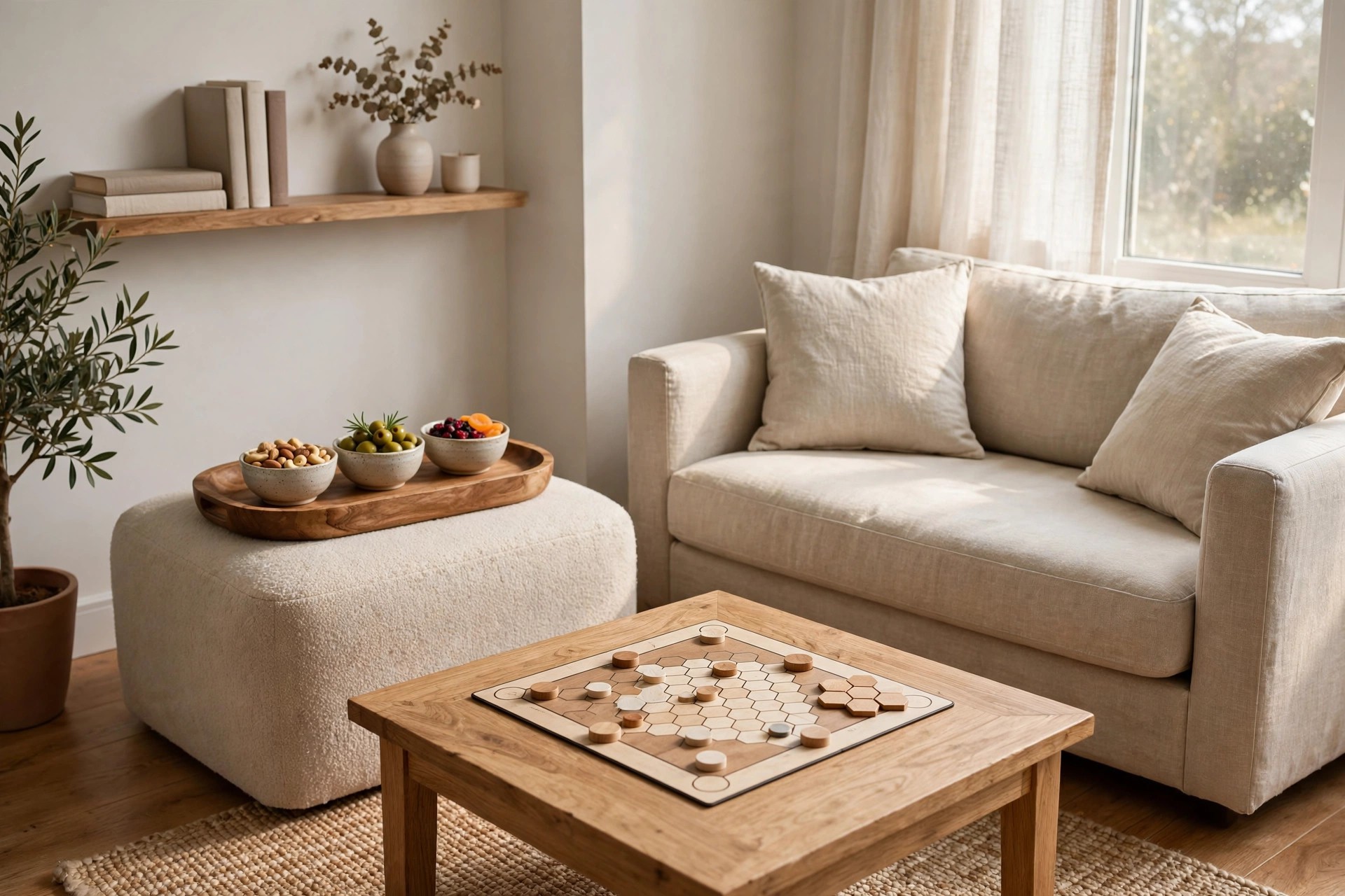 Wooden tray with three small snack bowls on a fabric ottoman beside a sofa, board game on a clear coffee table