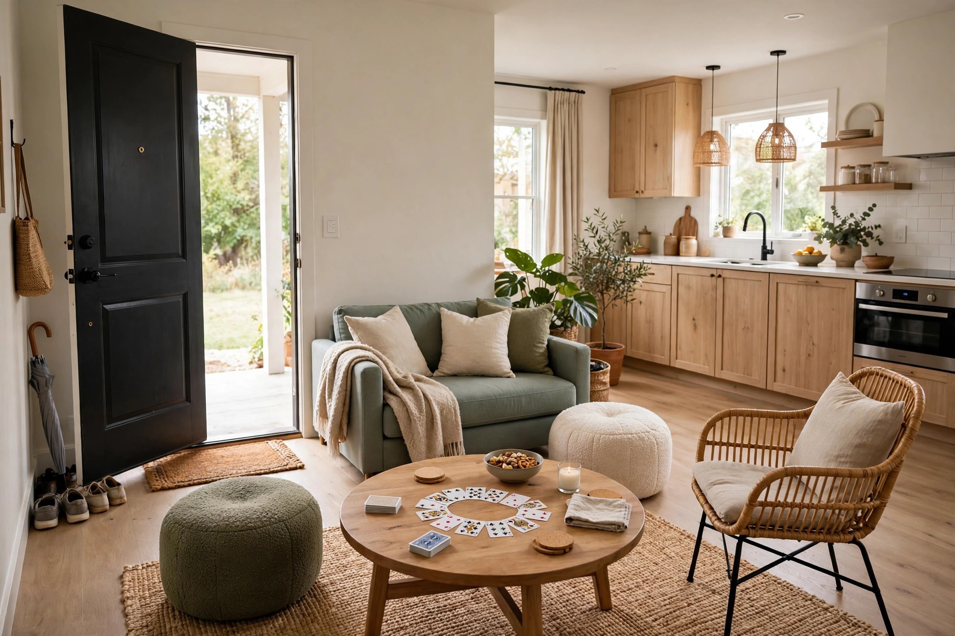 Small living room arranged for game night with seats around a card table and a clear walkway from the front door toward the kitchen