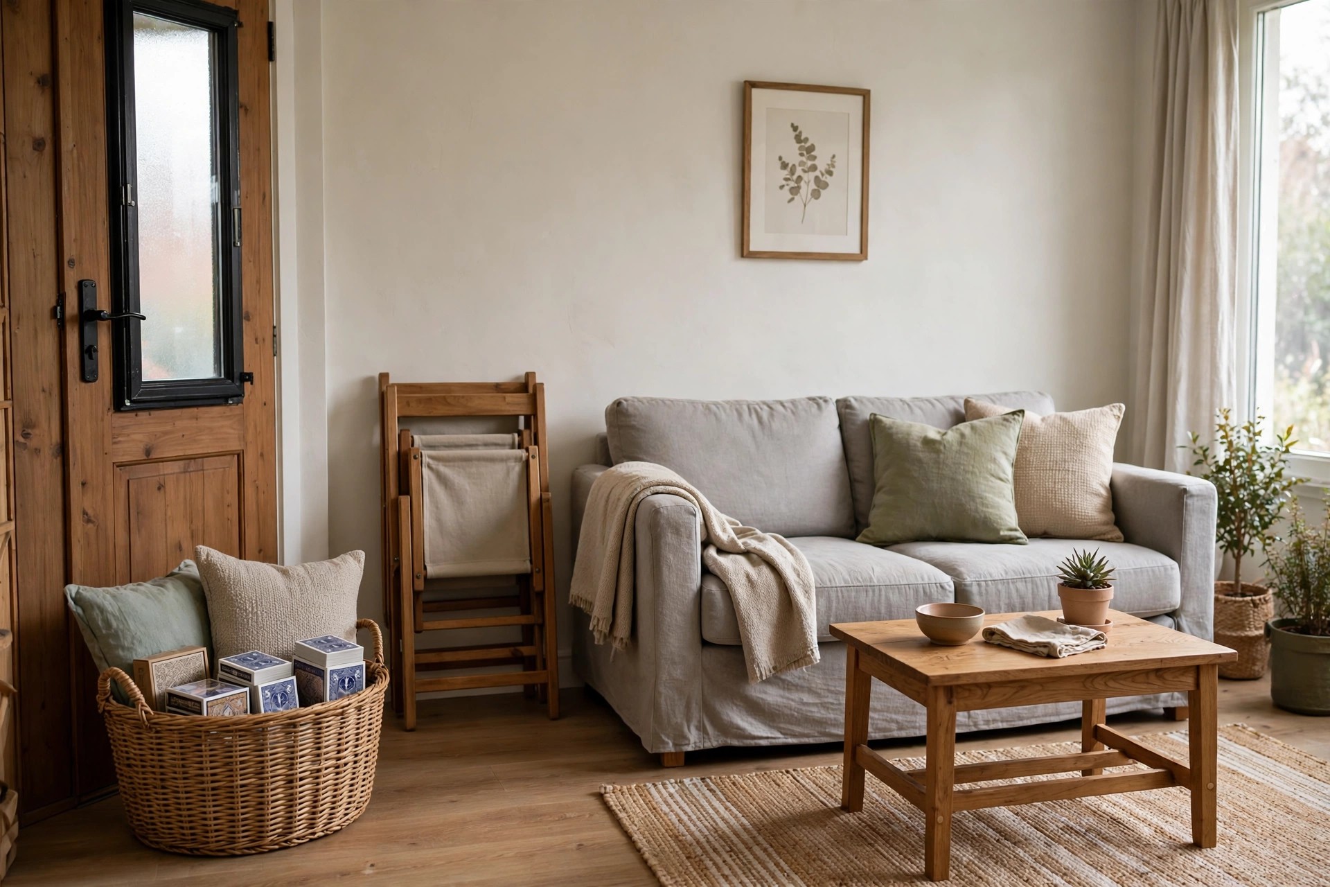 Woven basket by the front door holding card decks and cushions, folded chairs stacked beside a tidy sofa