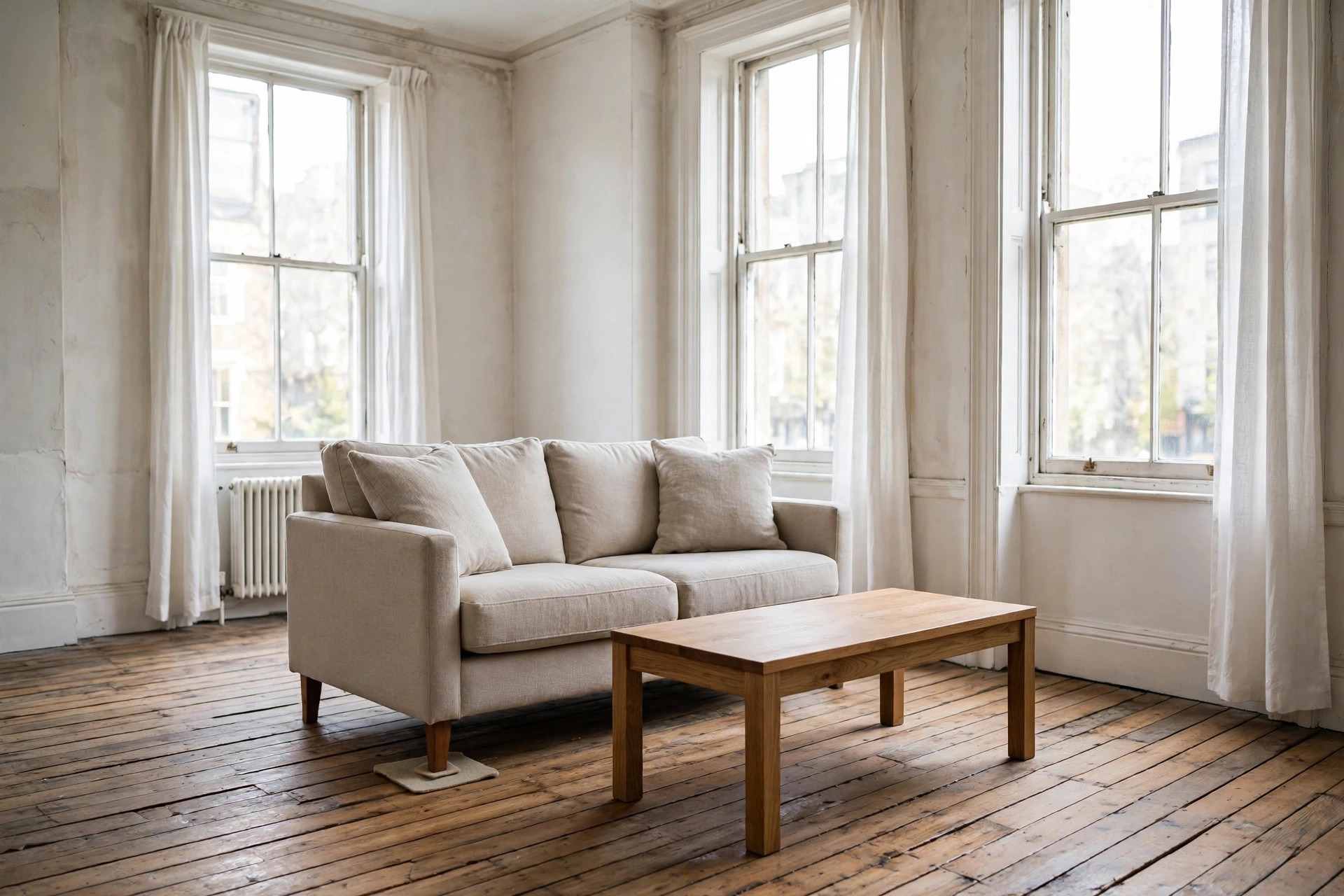 Beige sofa with a felt pad under one leg on old wood floors beside a wooden coffee table