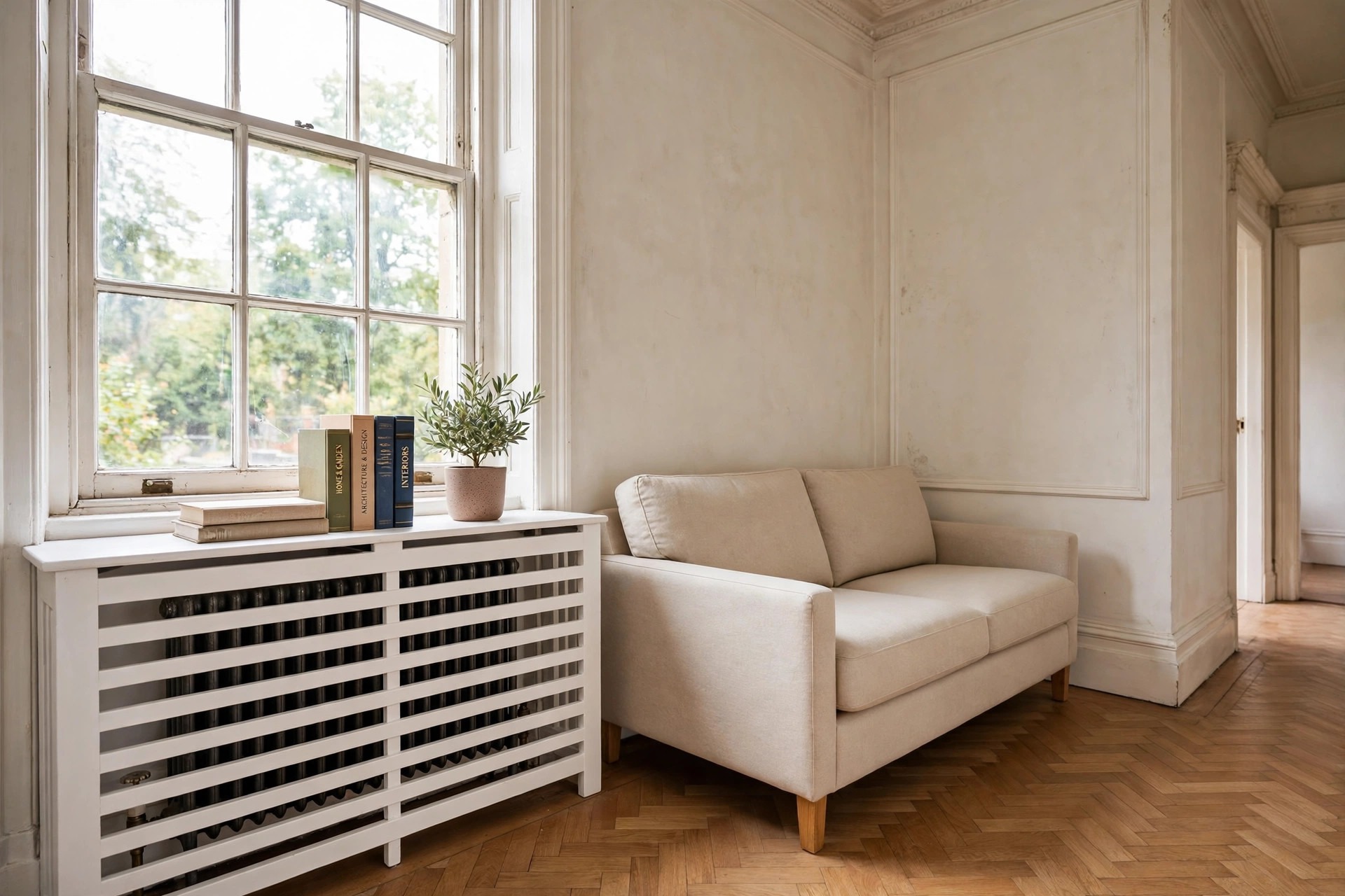 White slatted radiator cover with books and a potted plant on top beside a beige sofa
