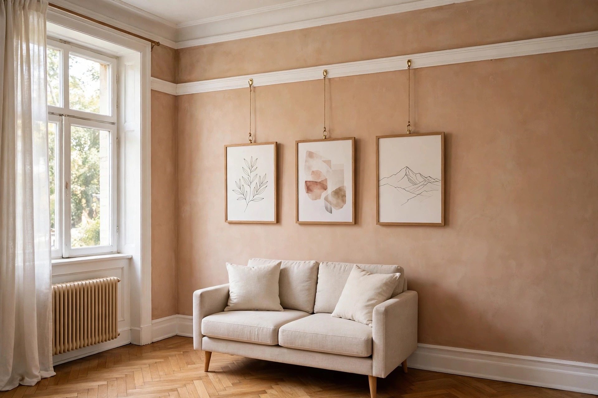 Three framed prints hanging from cords on a white picture rail above a beige sofa