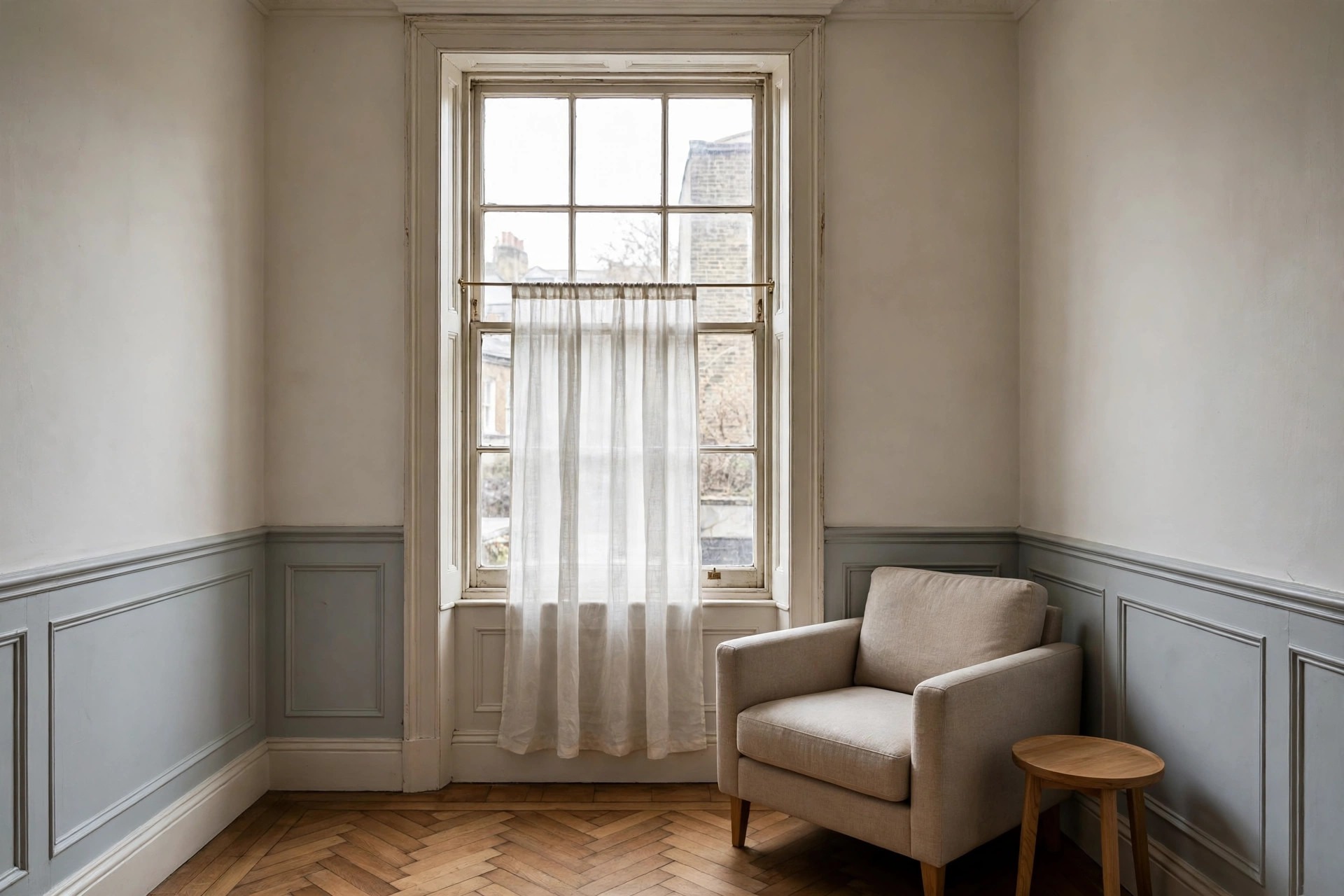 Sheer curtain on a rod inside a tall sash window beside a beige armchair and small side table