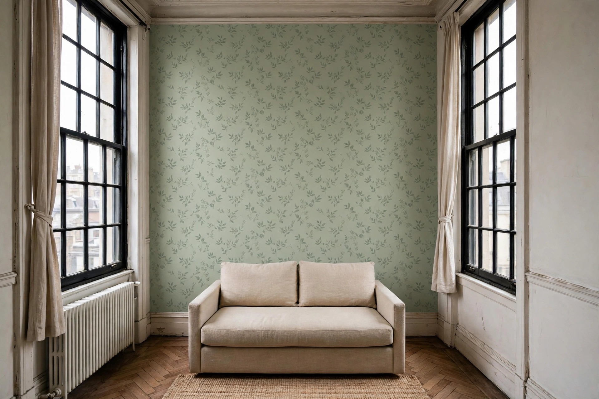 Beige sofa against a sage green patterned wallpaper wall between two tall windows