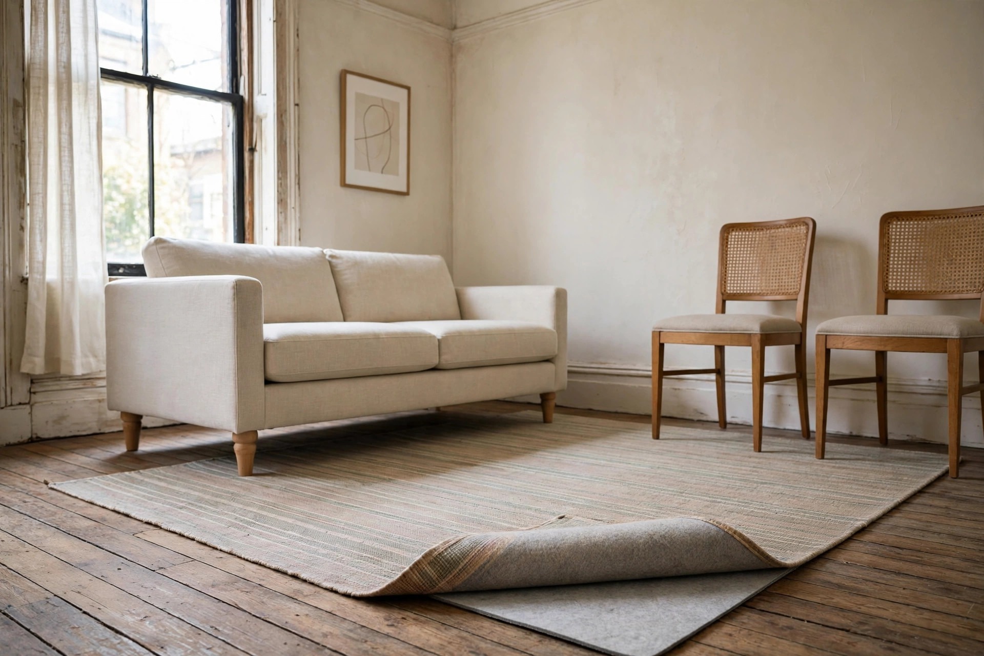 Flat weave rug with one corner lifted to show the rug pad underneath on old wood floors