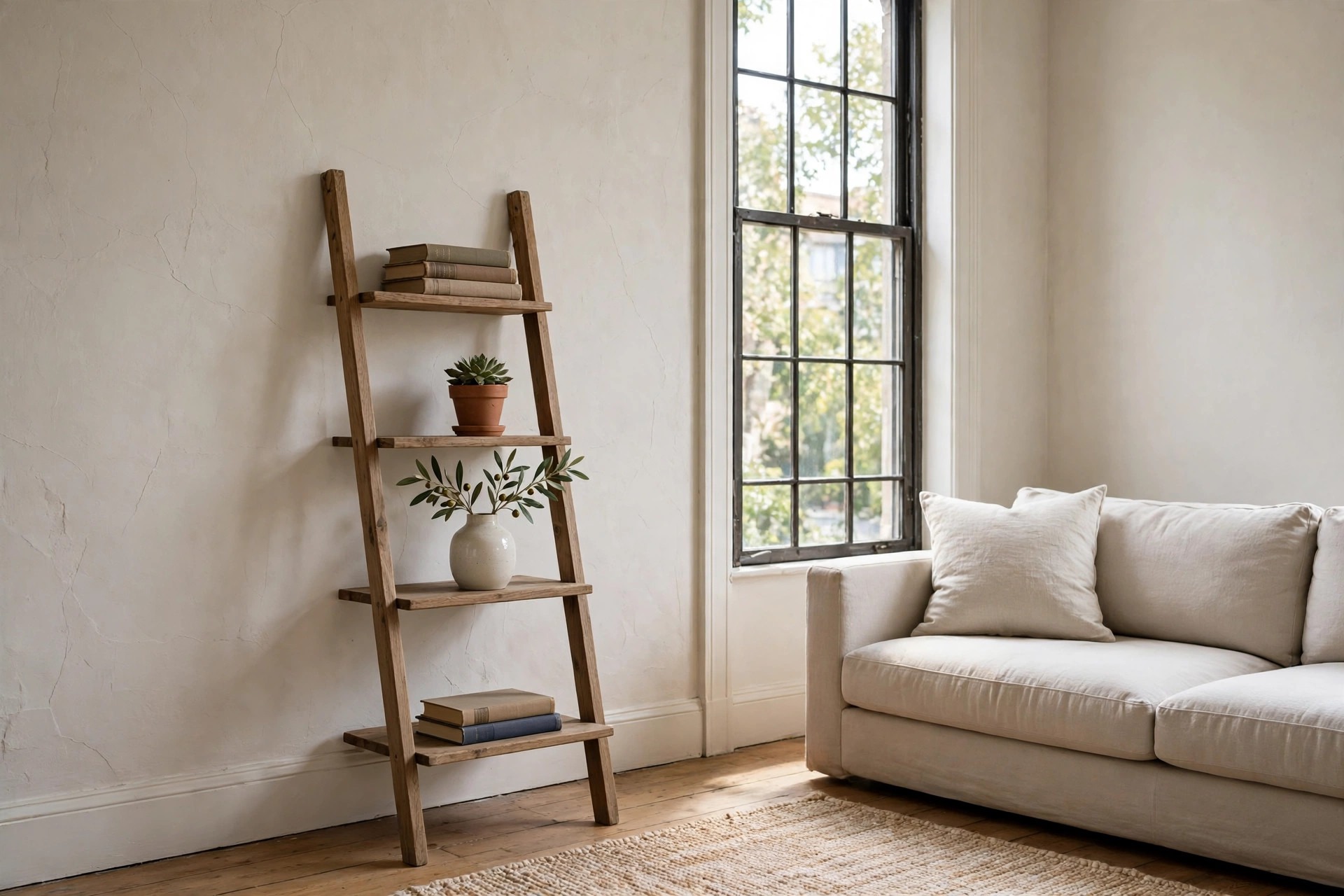 Wooden leaning ladder shelf with books, a plant and a vase beside a beige sofa