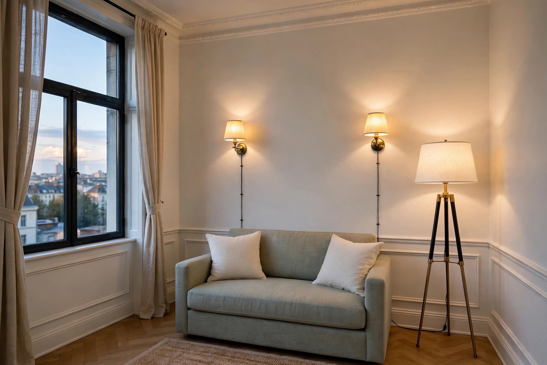 Two lit plug-in wall sconces with cords above a grey sofa beside a tall window