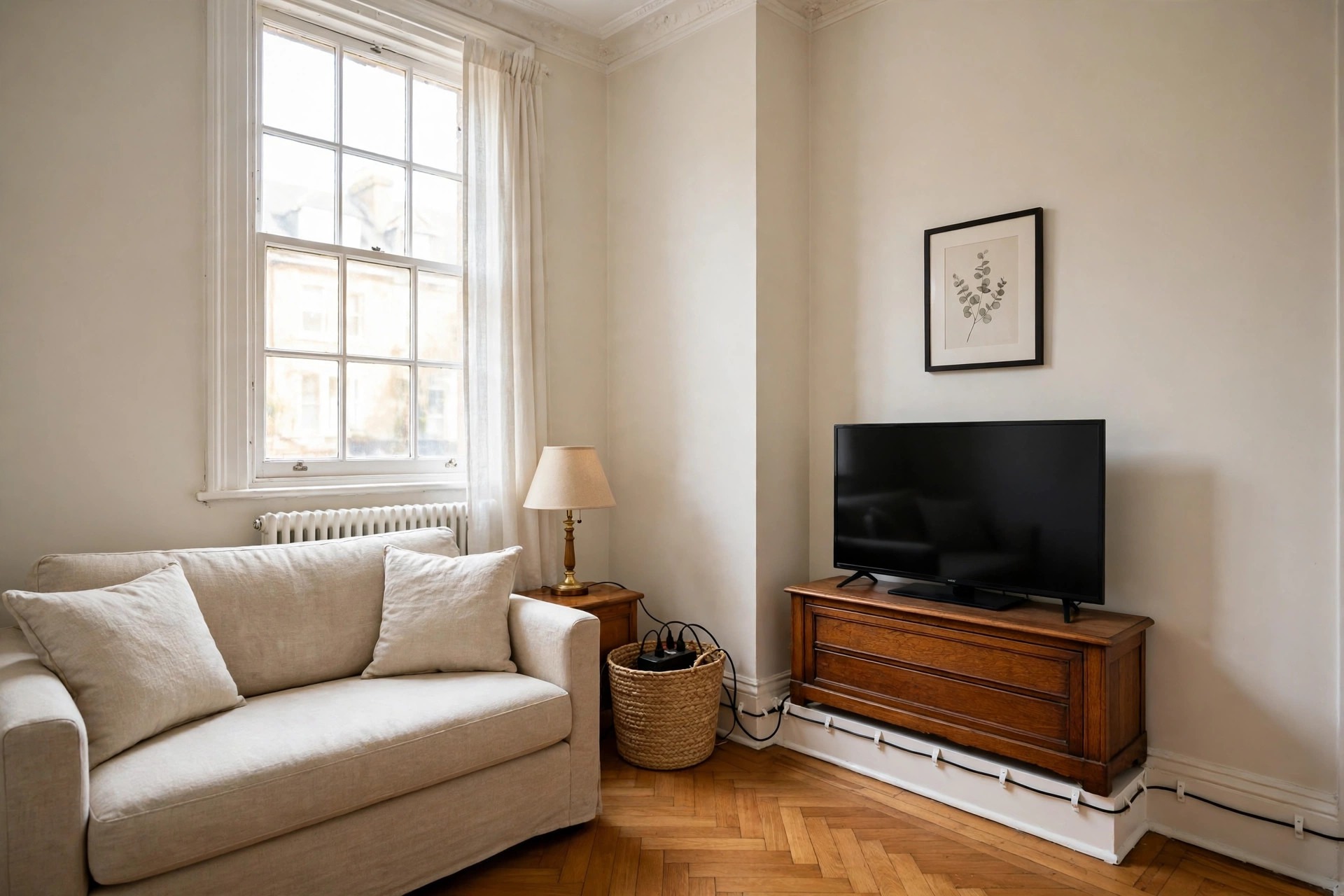 Woven basket holding a power strip beside a sofa, with cords clipped along the skirting board