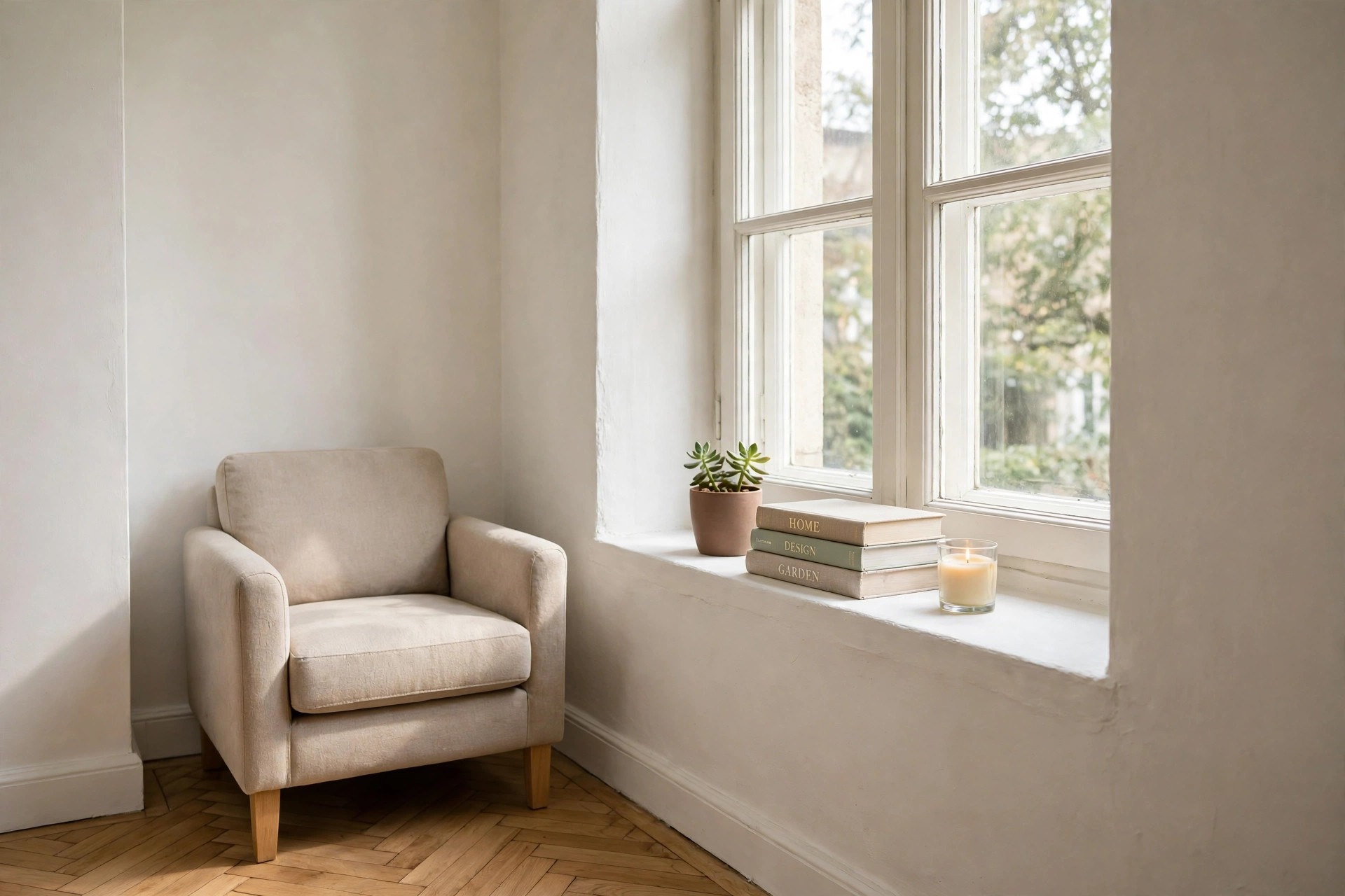 Deep white window sill styled with a potted succulent, stacked books and a lit candle beside an armchair