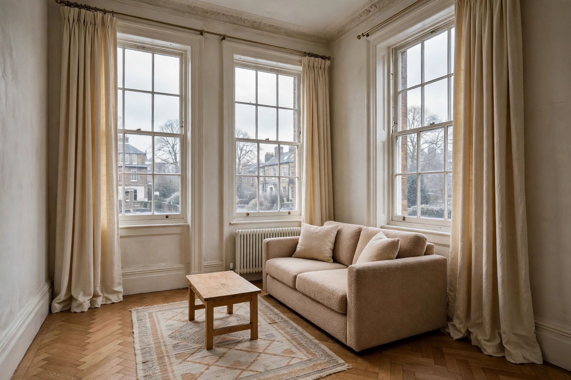 Tall sash windows with heavy cream curtains falling to the floor beside a beige sofa