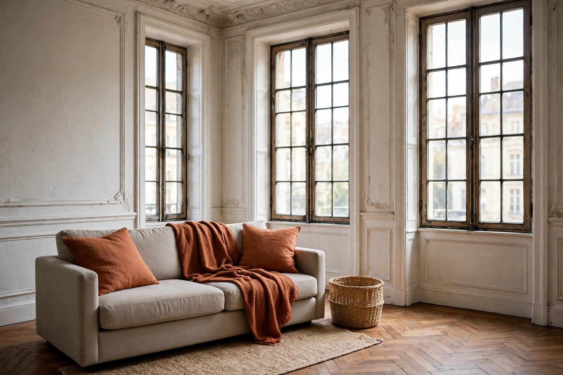 Beige sofa with rust cushions and a rust throw, with a woven basket beside it
